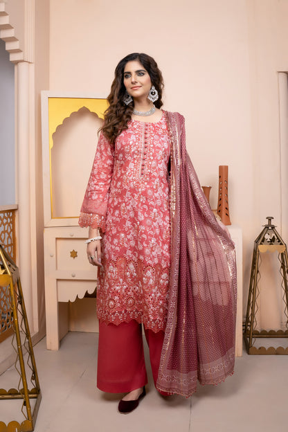 (Maroon) 3Pc Printed Embroidered Lawn Dress by MUNIRA