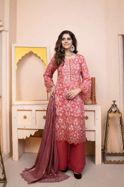 (Maroon) 3Pc Printed Embroidered Lawn Dress by MUNIRA