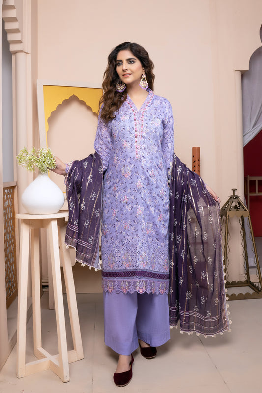 (Lavender) 3Pc Printed Embroidered Lawn Dress by MUNIRA