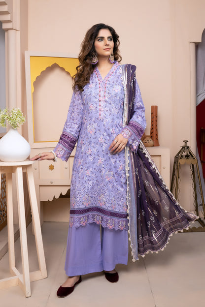 (Lavender) 3Pc Printed Embroidered Lawn Dress by MUNIRA