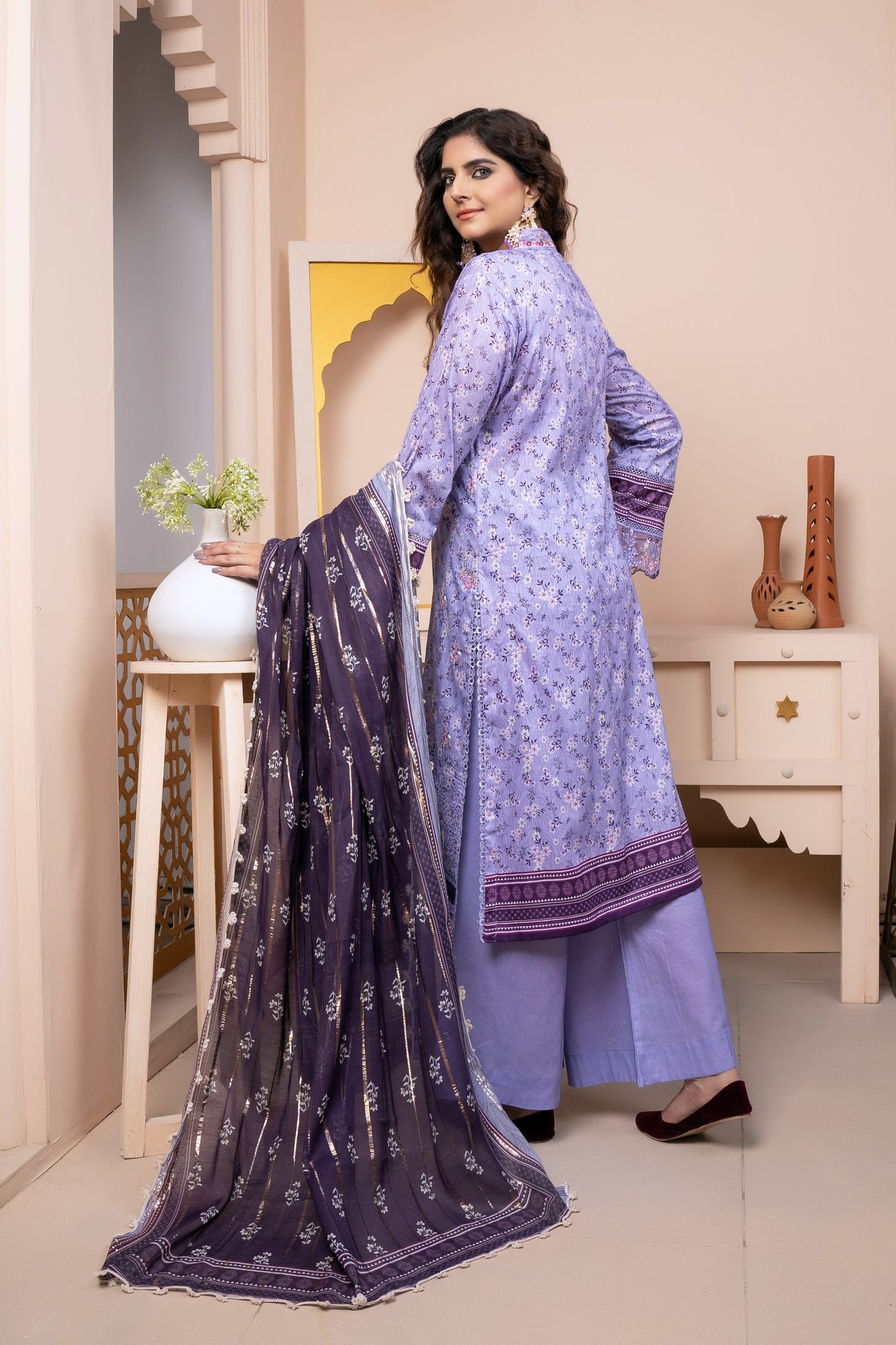 (Lavender) 3Pc Printed Embroidered Lawn Dress by MUNIRA