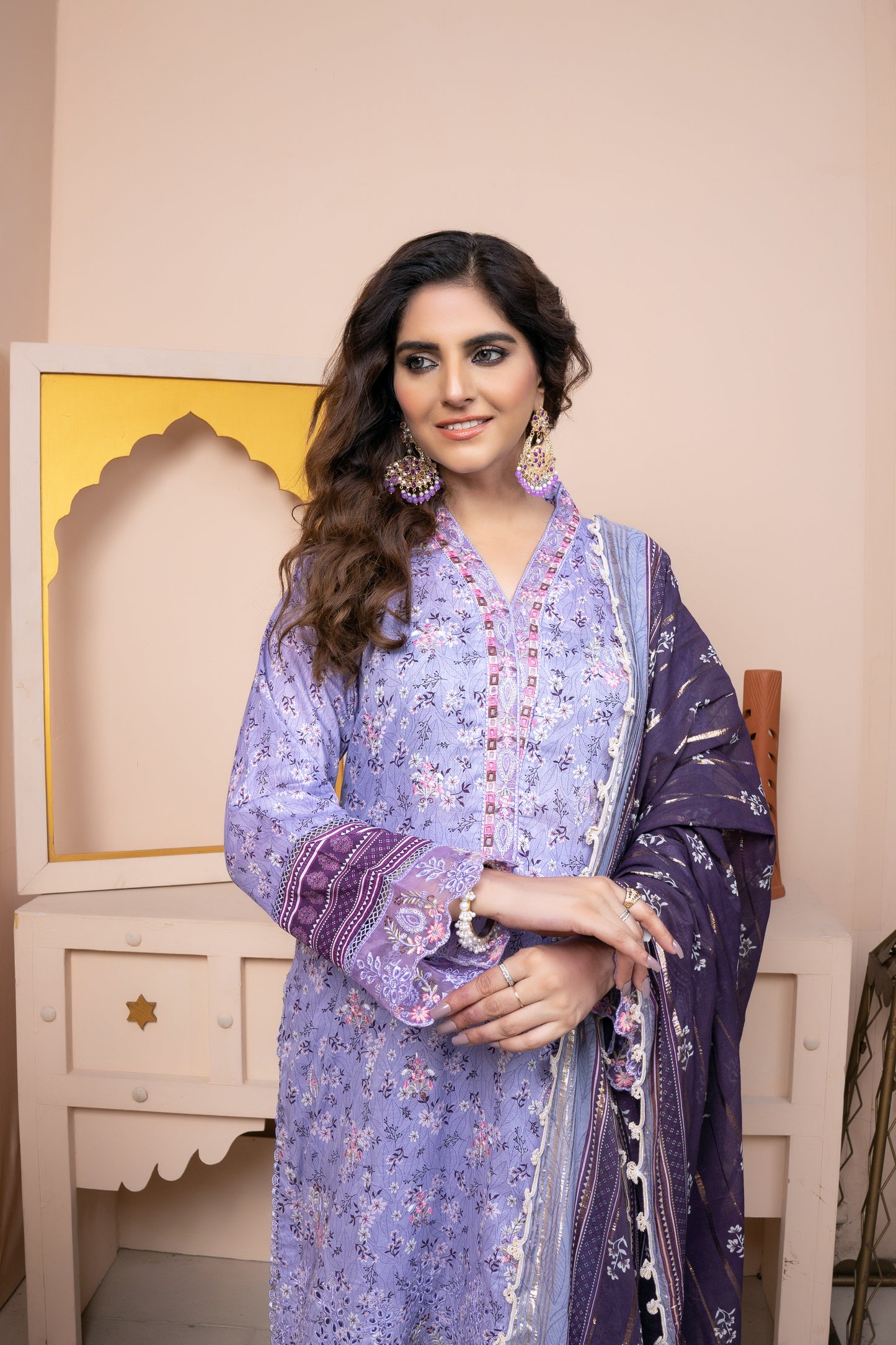 (Lavender) 3Pc Printed Embroidered Lawn Dress by MUNIRA