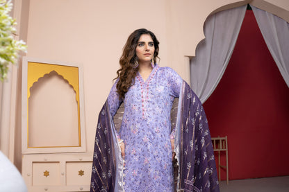 (Lavender) 3Pc Printed Embroidered Lawn Dress by MUNIRA