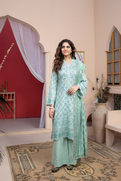 (Sea Green) 3Pc Printed Embroidered Lawn Dress by MUNIRA