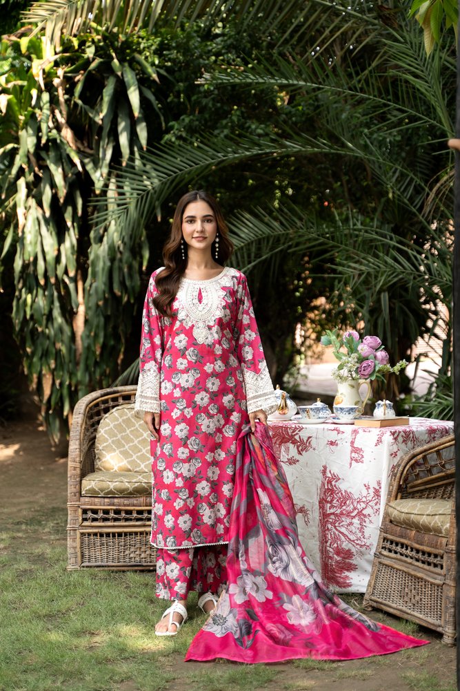 (Pink) 3 Pc Floral Printed Lawn Dress-Raniya.h