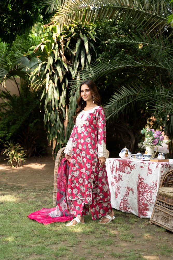 (Pink) 3 Pc Floral Printed Lawn Dress-Raniya.h