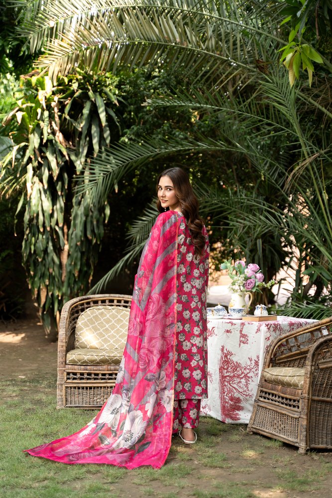 (Pink) 3 Pc Floral Printed Lawn Dress-Raniya.h