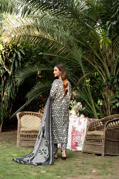 (Monochrome) 3 Pc Floral Printed Lawn Dress-Raniya.h