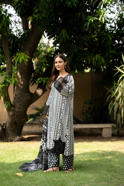 (Black & White) 3 Pc Floral Printed Lawn Dress-Raniya.h