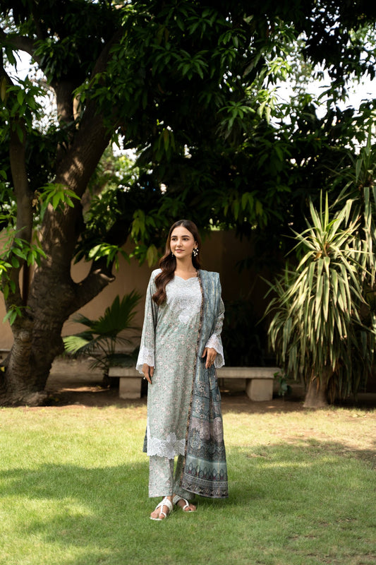 (Greenish Grey) 3 Pc Floral Printed Lawn Dress-Raniya.h