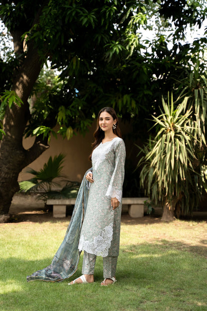 (Greenish Grey) 3 Pc Floral Printed Lawn Dress-Raniya.h