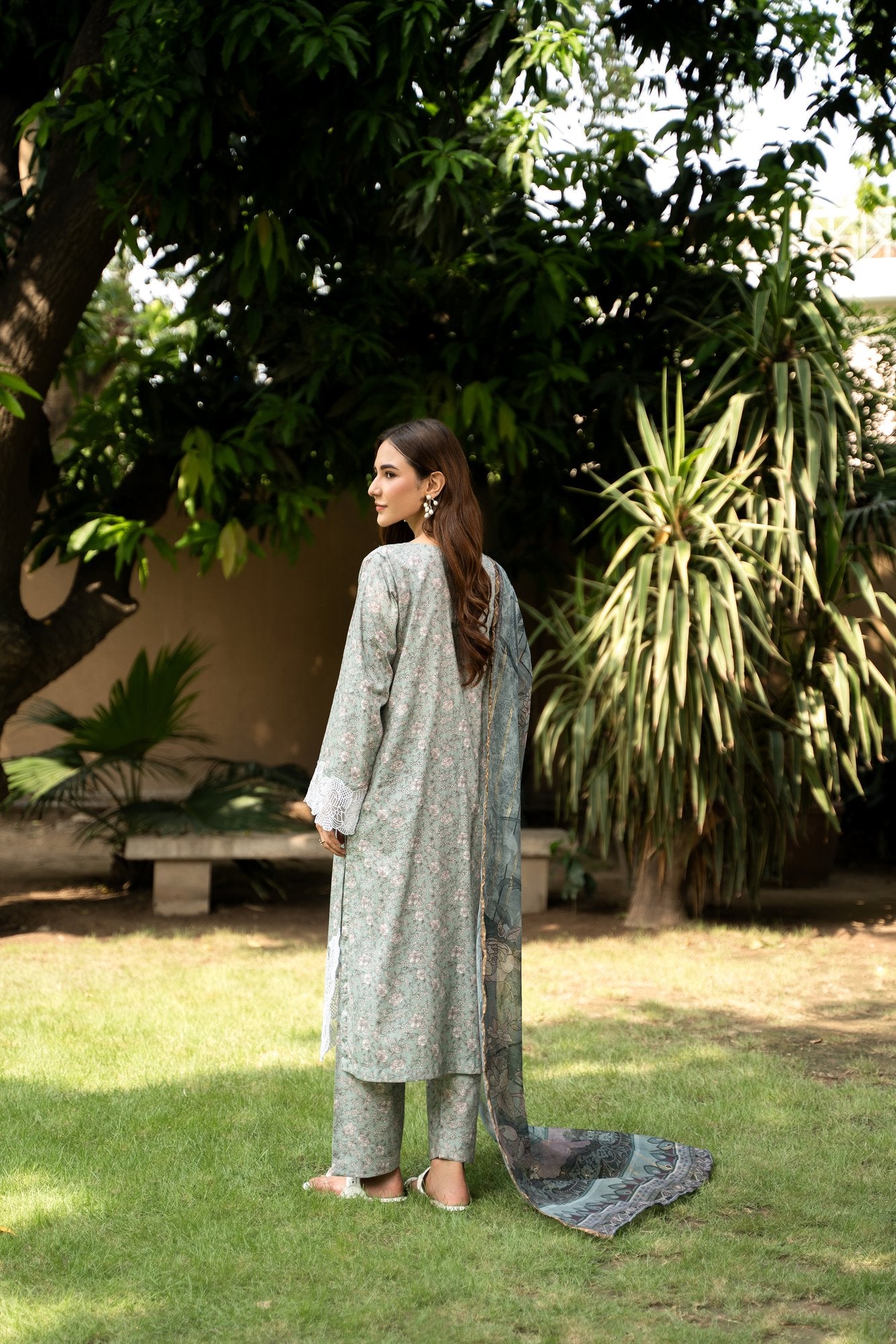 (Greenish Grey) 3 Pc Floral Printed Lawn Dress-Raniya.h