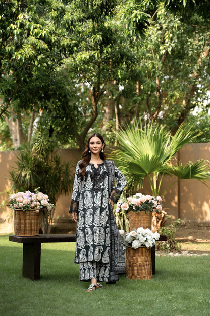 (Monochromatic) 3 Pc Floral Printed Lawn Dress-Raniya.h