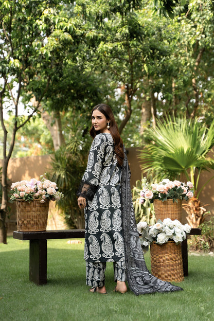 (Monochromatic) 3 Pc Floral Printed Lawn Dress-Raniya.h