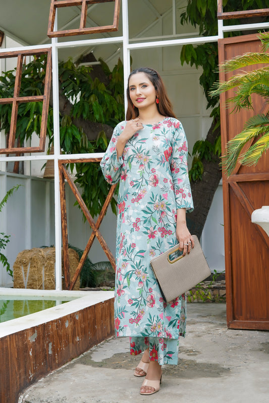 Light Cyan Floral Printed Lawn 2 Pc - Simrans