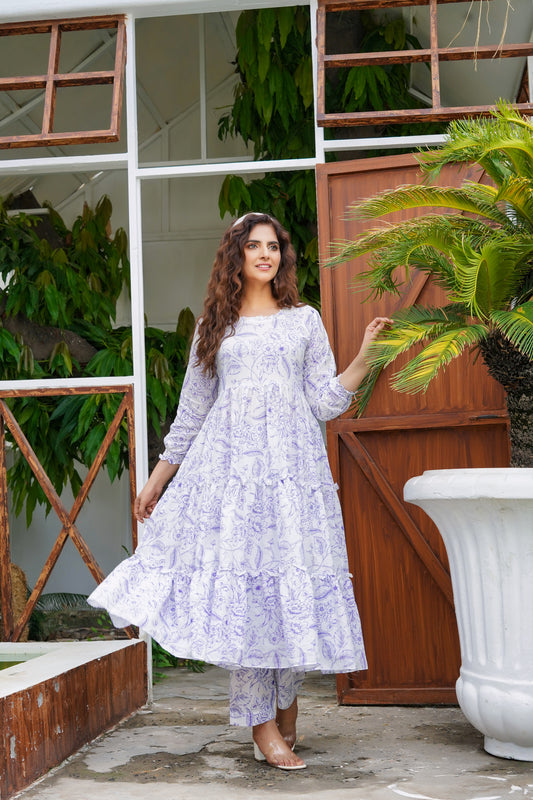 Lilac Floral Printed Lawn Long Frock 2 Pc - Simrans