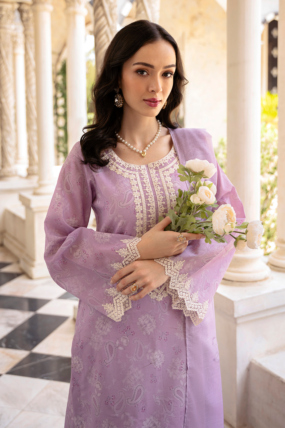 Lilac Embroidered Cambric Lawn 3 Pc Dress - Esra Fashion