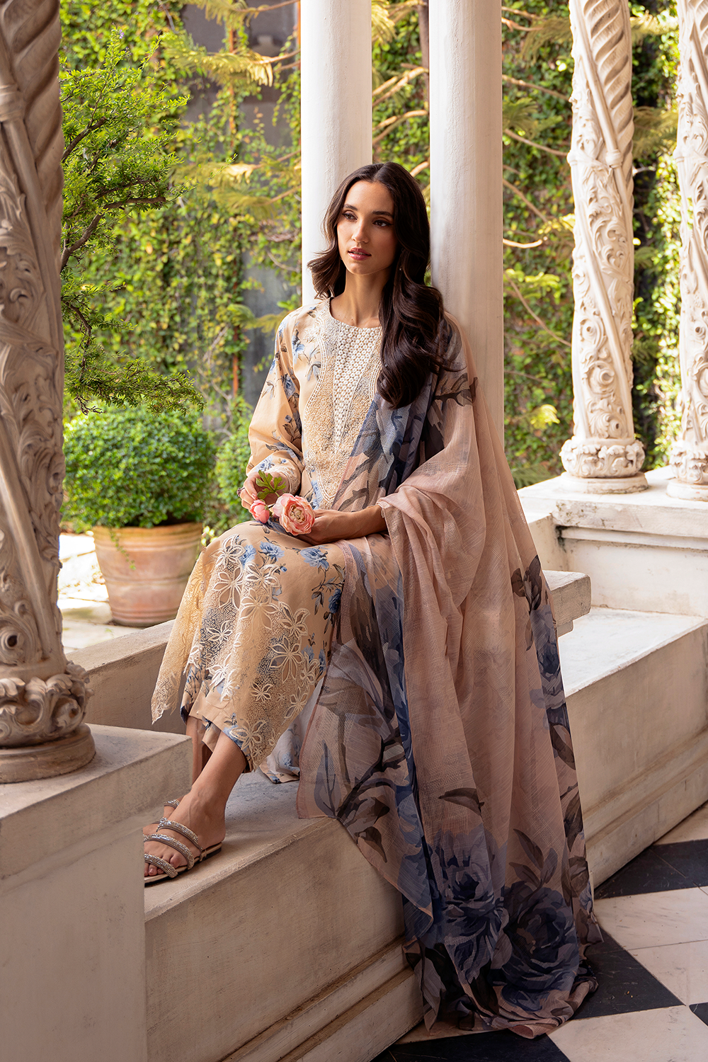 Beige Embroidered Cambric Lawn 3 Pc Dress - Esra Fashion