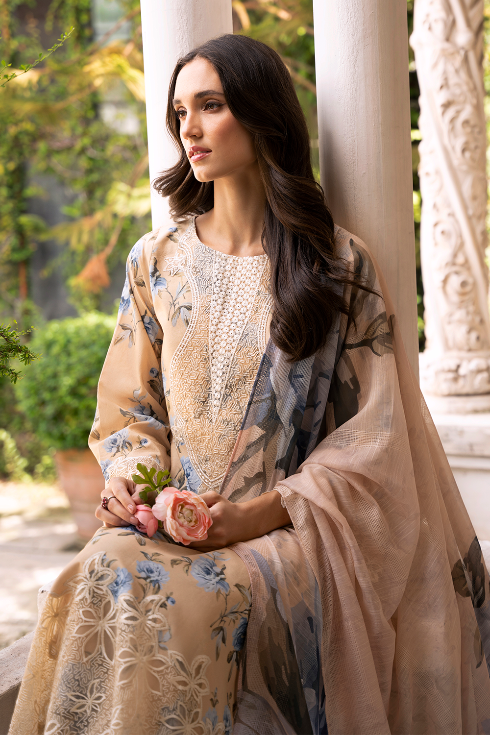 Beige Embroidered Cambric Lawn 3 Pc Dress - Esra Fashion