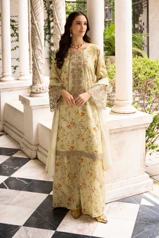 Light Lemon Embroidered Cambric Lawn 3 Pc Dress - Esra Fashion