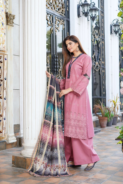 Rose Pink | Chikankari Schifflil Lawn | 3 Pc | MUNIRA