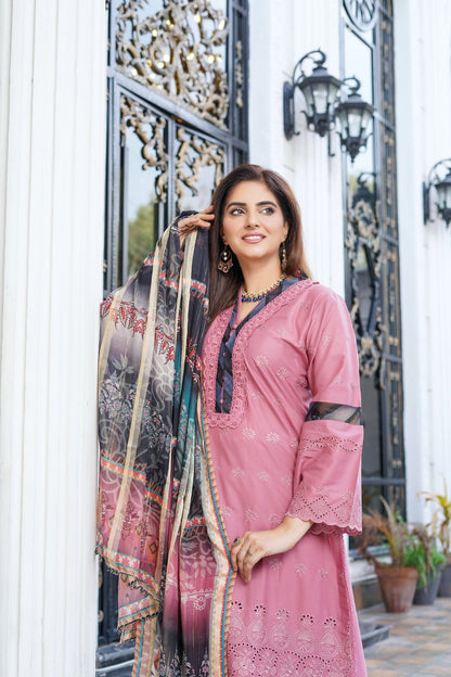 Rose Pink | Chikankari Schifflil Lawn | 3 Pc | MUNIRA