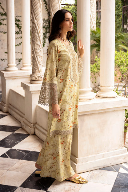 Light Lemon Embroidered Cambric Lawn 3 Pc Dress - Esra Fashion