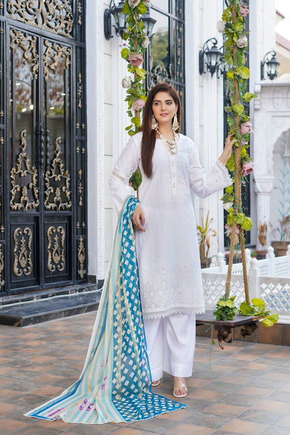 White | Chikankari Schifflil Lawn | 3 Pc | MUNIRA