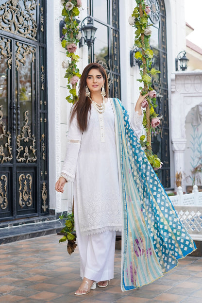 White | Chikankari Schifflil Lawn | 3 Pc | MUNIRA