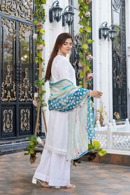 White | Chikankari Schifflil Lawn | 3 Pc | MUNIRA