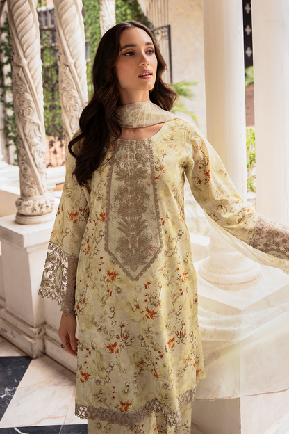 Light Lemon Embroidered Cambric Lawn 3 Pc Dress - Esra Fashion