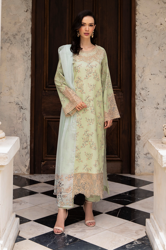 Pista Green Embroidered Cambric Lawn 3 Pc Dress - Esra Fashion