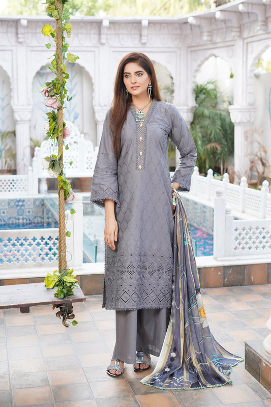 Stormy Grey | Chikankari Schifflil Lawn | 3 Pc | MUNIRA