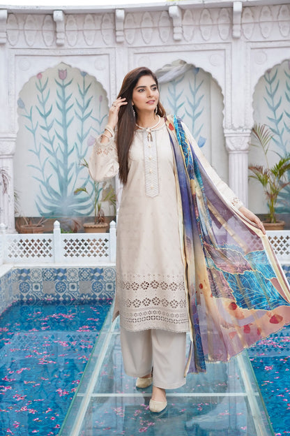 Ivory | Chikankari Schifflil Lawn | 3 Pc | MUNIRA