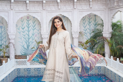 Ivory | Chikankari Schifflil Lawn | 3 Pc | MUNIRA