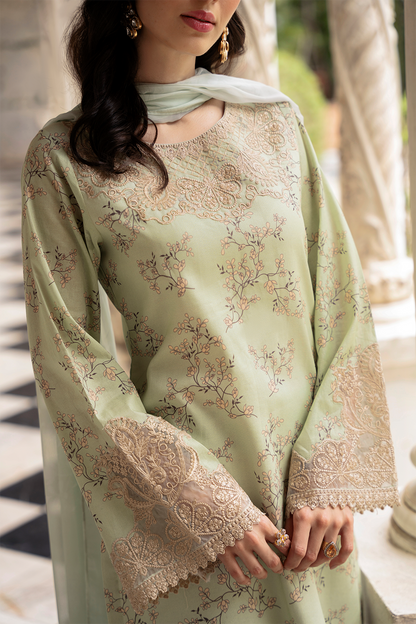 Pista Green Embroidered Cambric Lawn 3 Pc Dress - Esra Fashion