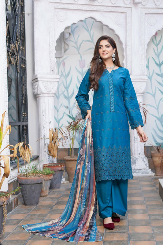 Blue | Chikankari Schifflil Lawn | 3 Pc | MUNIRA