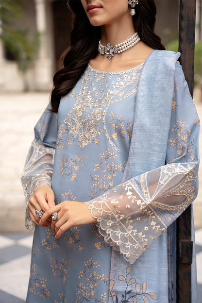 Dull Sky Blue Embroidered Cambric Lawn 3 Pc Dress - Esra Fashion