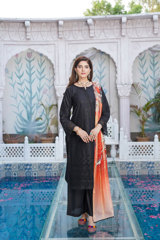 Black | Chikankari Schifflil Lawn | 3 Pc | MUNIRA