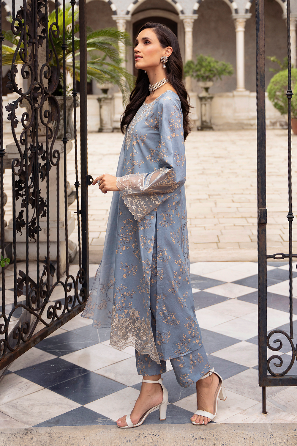 Dull Sky Blue Embroidered Cambric Lawn 3 Pc Dress - Esra Fashion