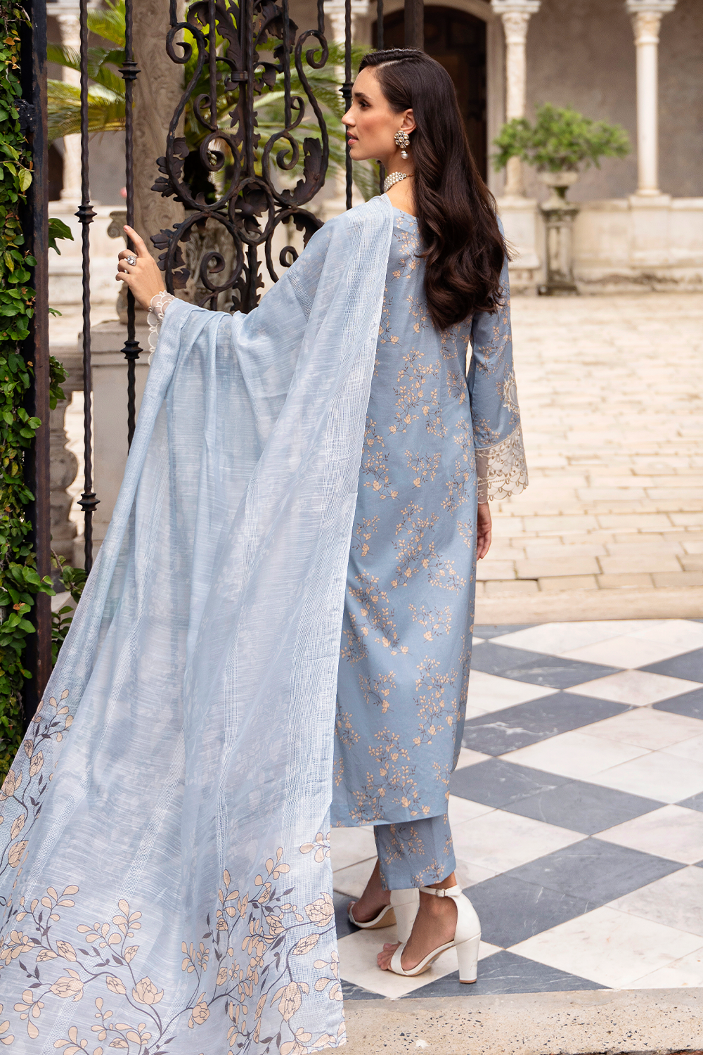 Dull Sky Blue Embroidered Cambric Lawn 3 Pc Dress - Esra Fashion