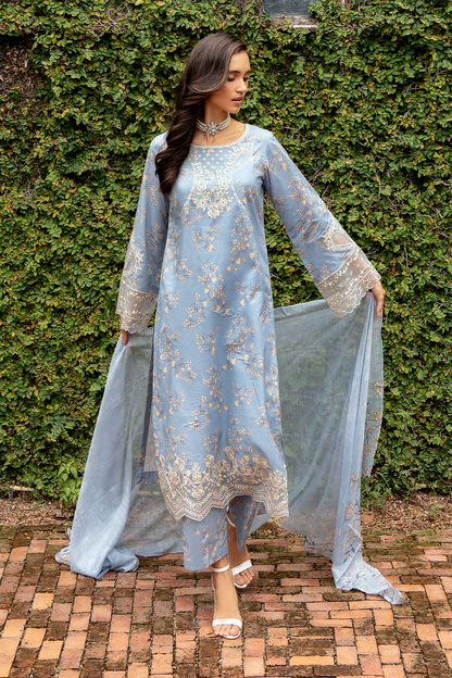 Dull Sky Blue Embroidered Cambric Lawn 3 Pc Dress - Esra Fashion