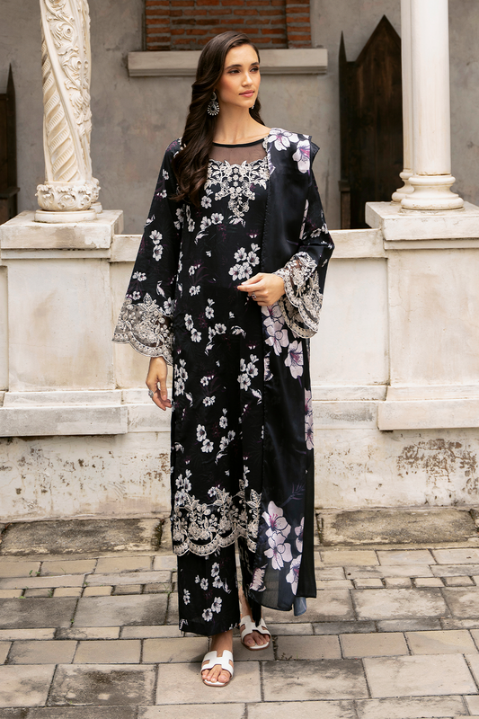 Black  Embroidered Cambric Lawn 3 Pc Dress - Esra Fashion