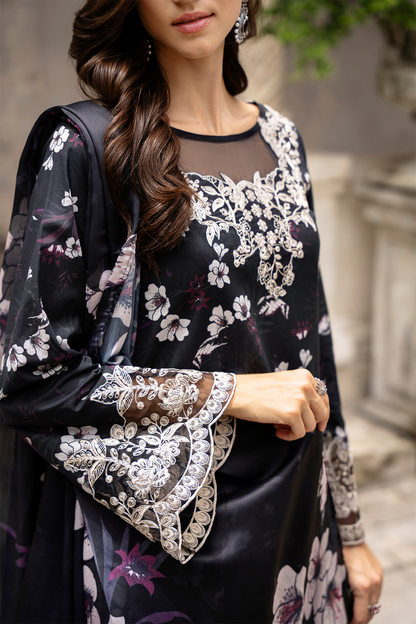 Black  Embroidered Cambric Lawn 3 Pc Dress - Esra Fashion