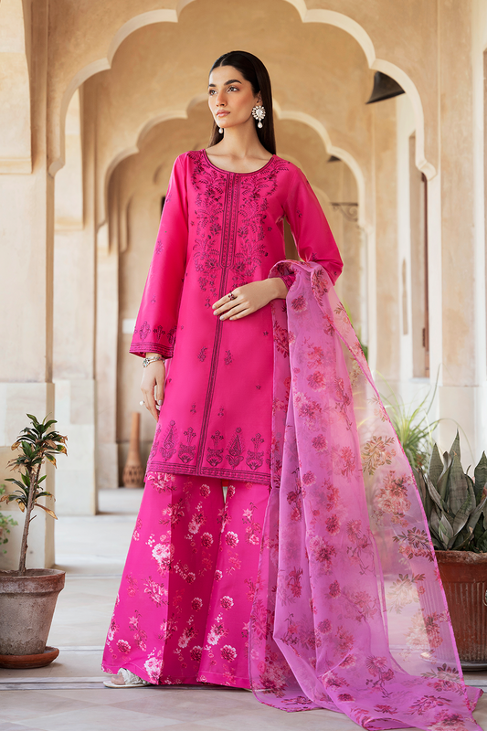 Hot Pink Embroidered Printed Silk Lawn 3 Pc Dress By Esra Fashion