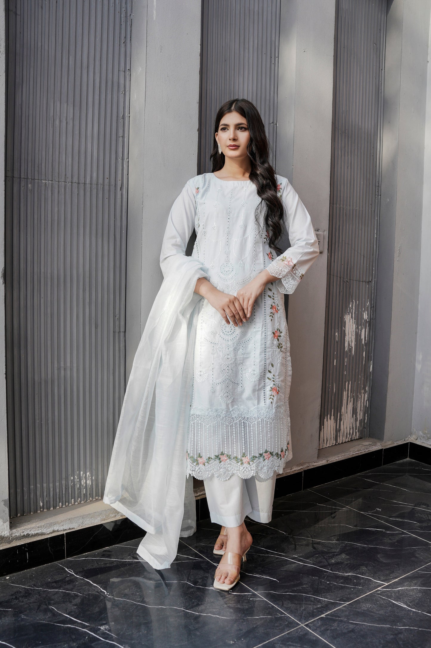 (Sky blue) 3 Pc Luxury Chikenkari Cotton by Simrans