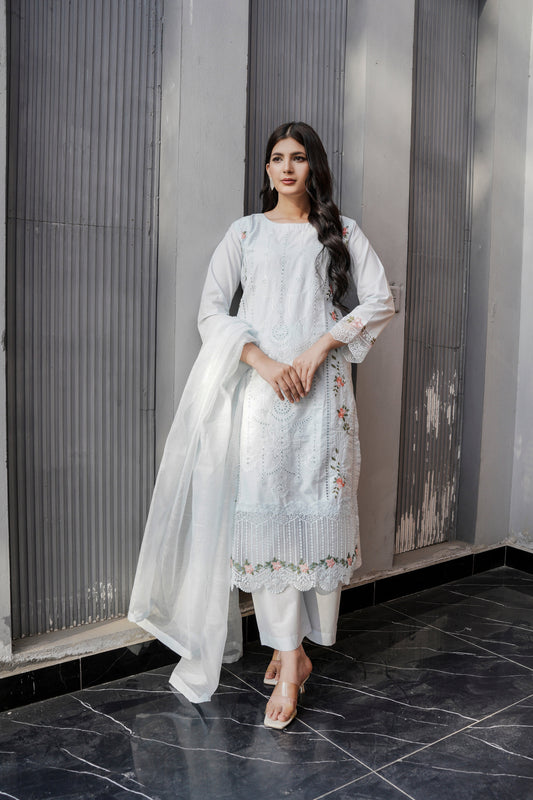 (Sky blue) 3 Pc Luxury Chikenkari Cotton by Simrans