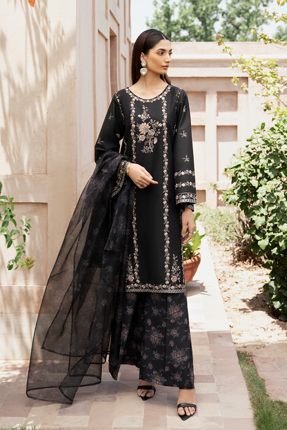 Black Embroidered Printed Silk Lawn 3 Pc Dress By Esra Fashion