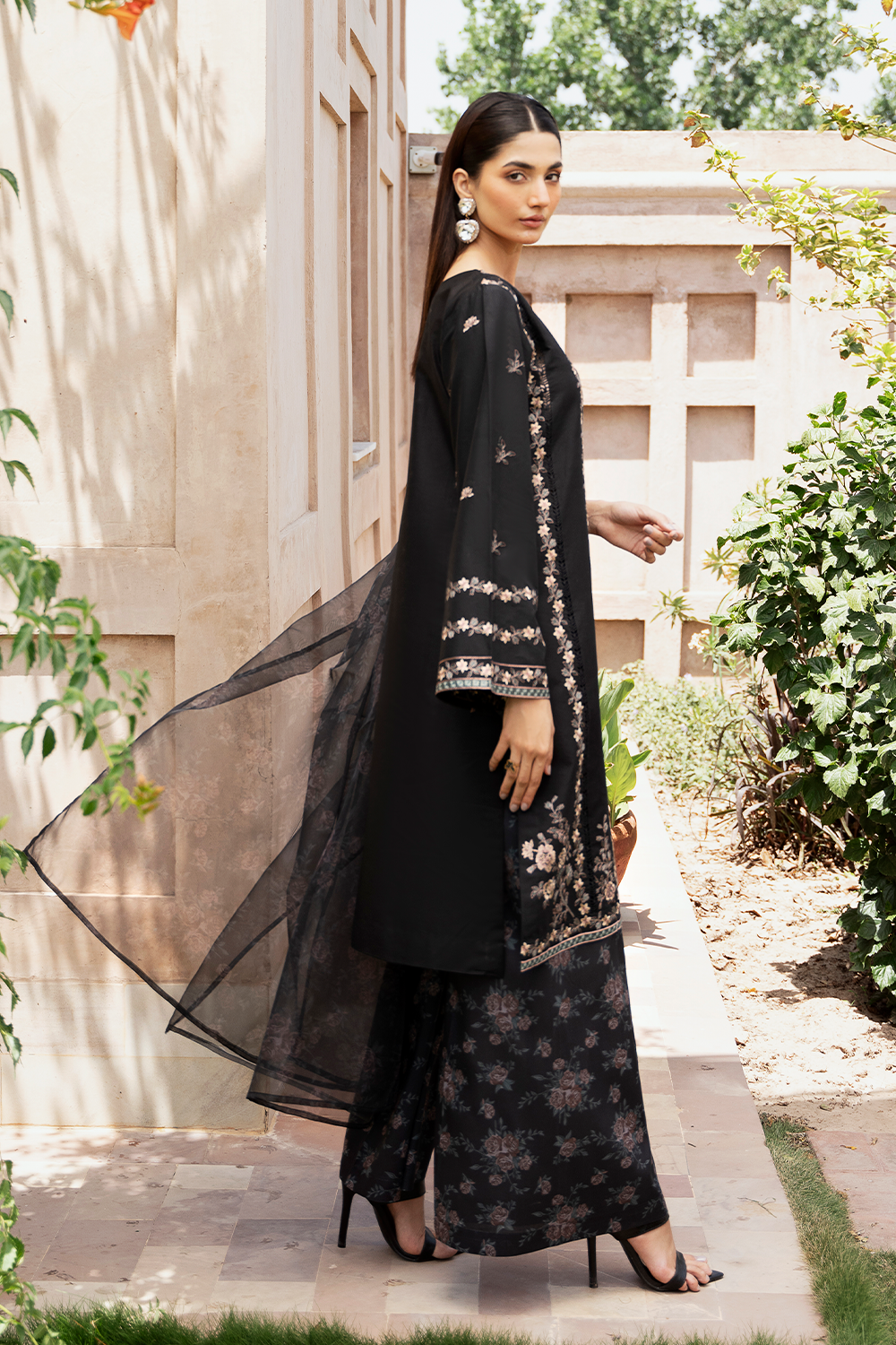 Black Embroidered Printed Silk Lawn 3 Pc Dress By Esra Fashion