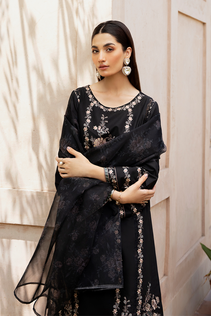 Black Embroidered Printed Silk Lawn 3 Pc Dress By Esra Fashion